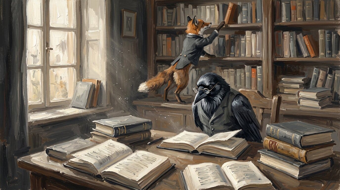 Impressionistisch gemalte Szene: Ein Rabe mit Brille studiert am Schreibtisch Gesetzesbücher, im Hintergrund greift ein Fuchs nach einem Buch im Regal.